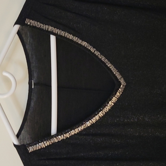 3/$30 Black Metallic Beaded Plunging V-Neck Short Sleeve Holiday Blouse - Picture 3 of 8
